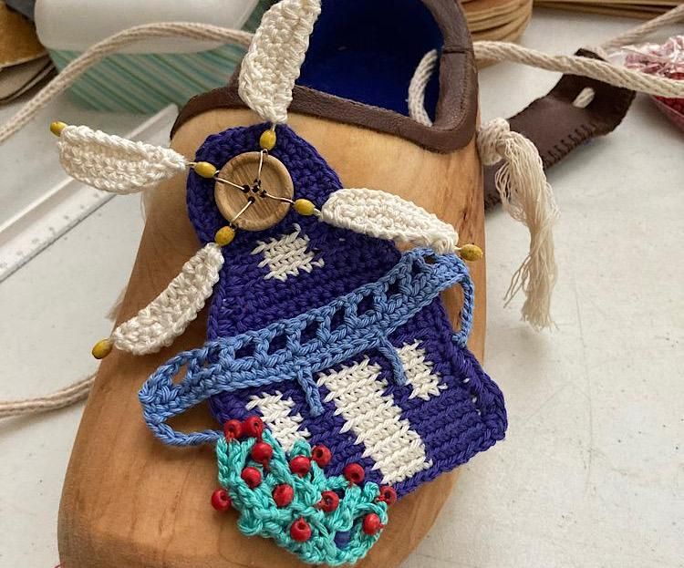 Bag Made of a Wooden Clog With Crocheted Mill