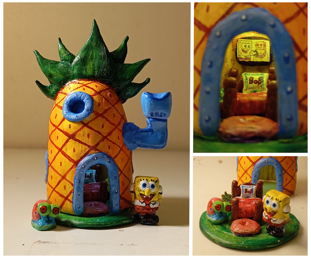 Miniature SpongeBob Pineapple House Interior & Exterior | Handmade Model With Clay, Household Materials & Lighting
