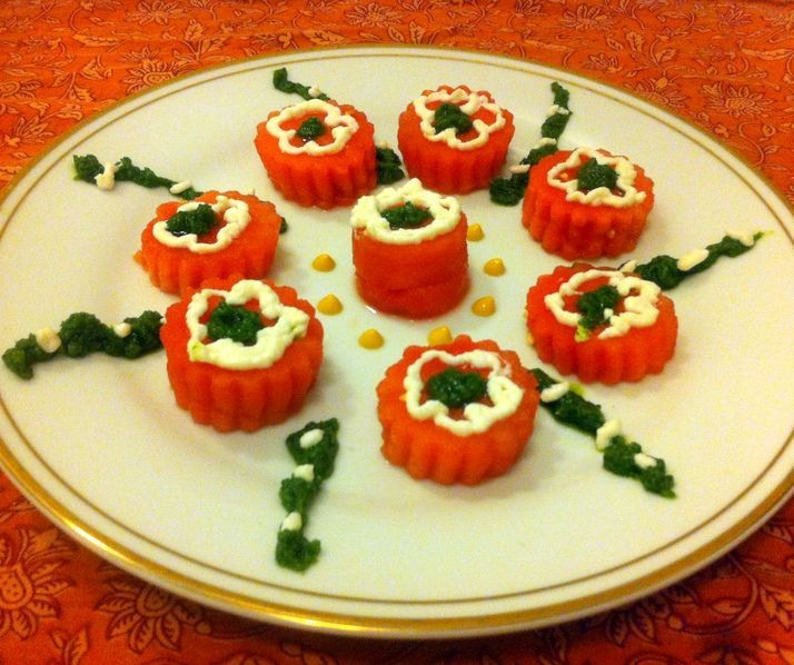 Watermelon Snack Bites With Chervil Pesto and Feta Cheese.
