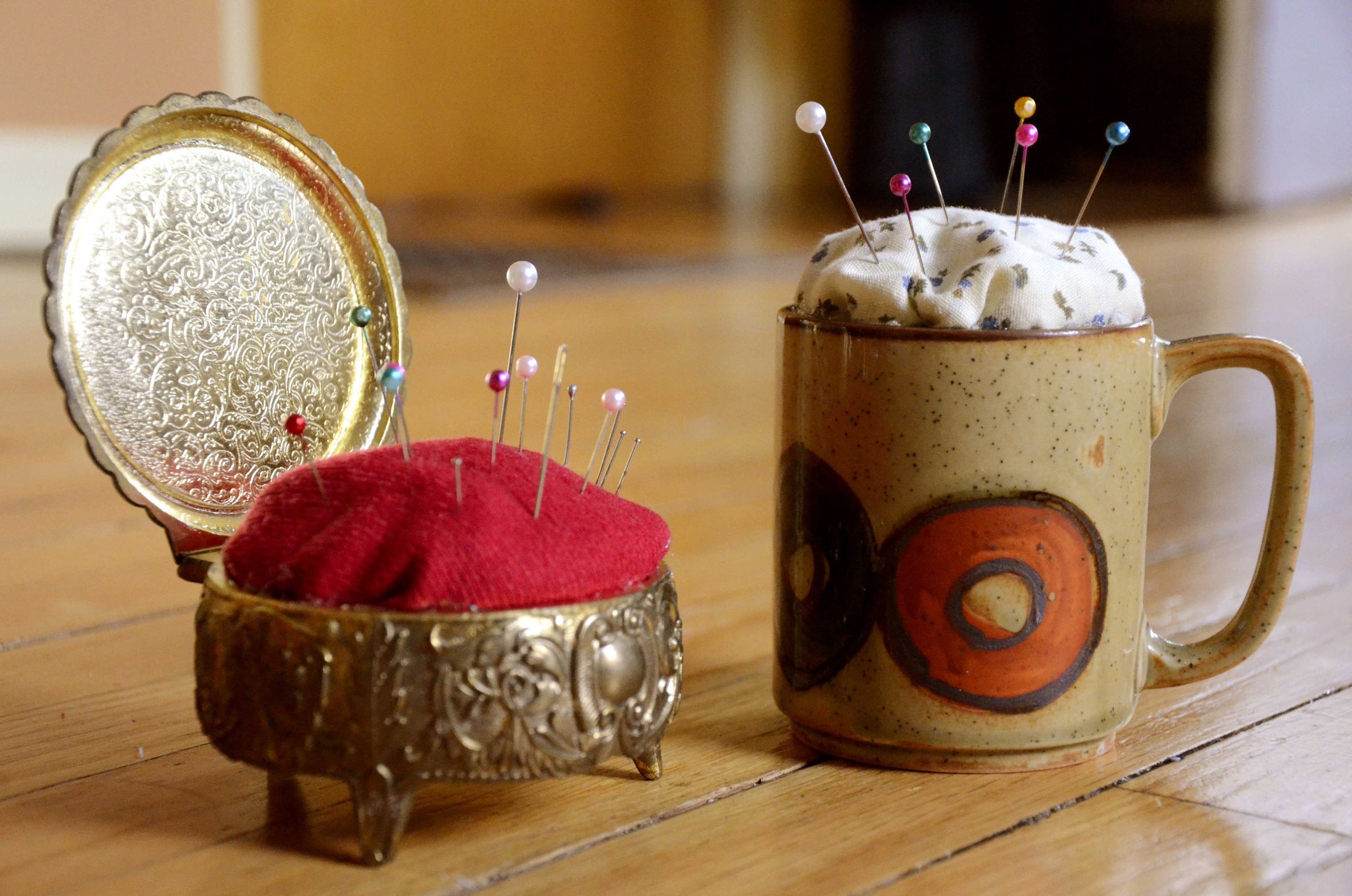 Make a Pin Cushion Out of a Vintage Jewelry Box or Coffee Cup