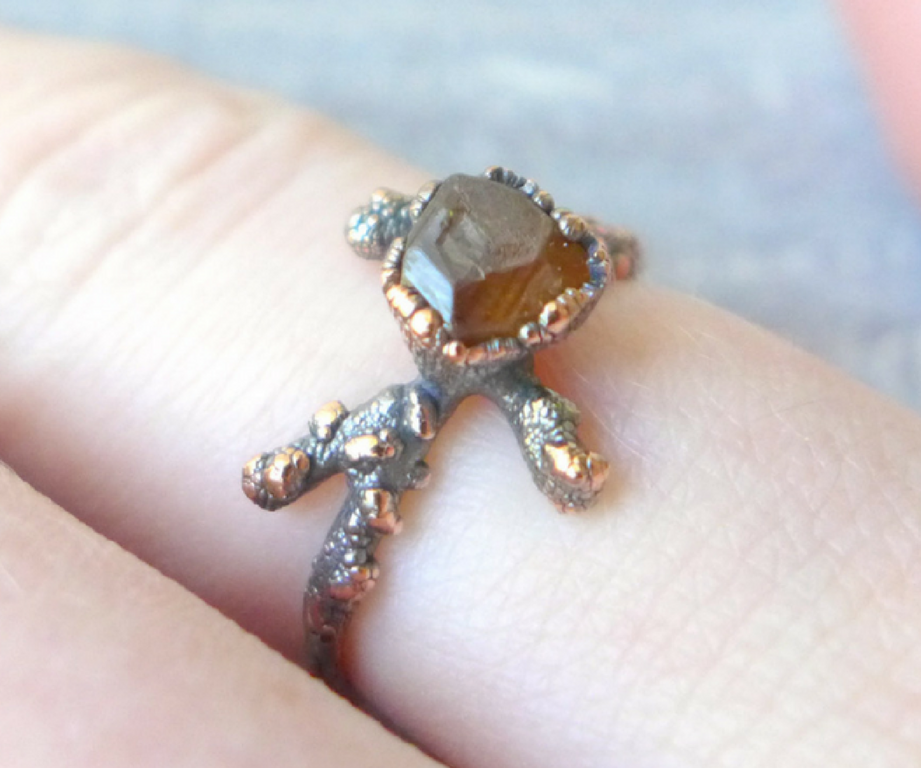 Textured Copper Electroformed Twig Ring With Gemstone