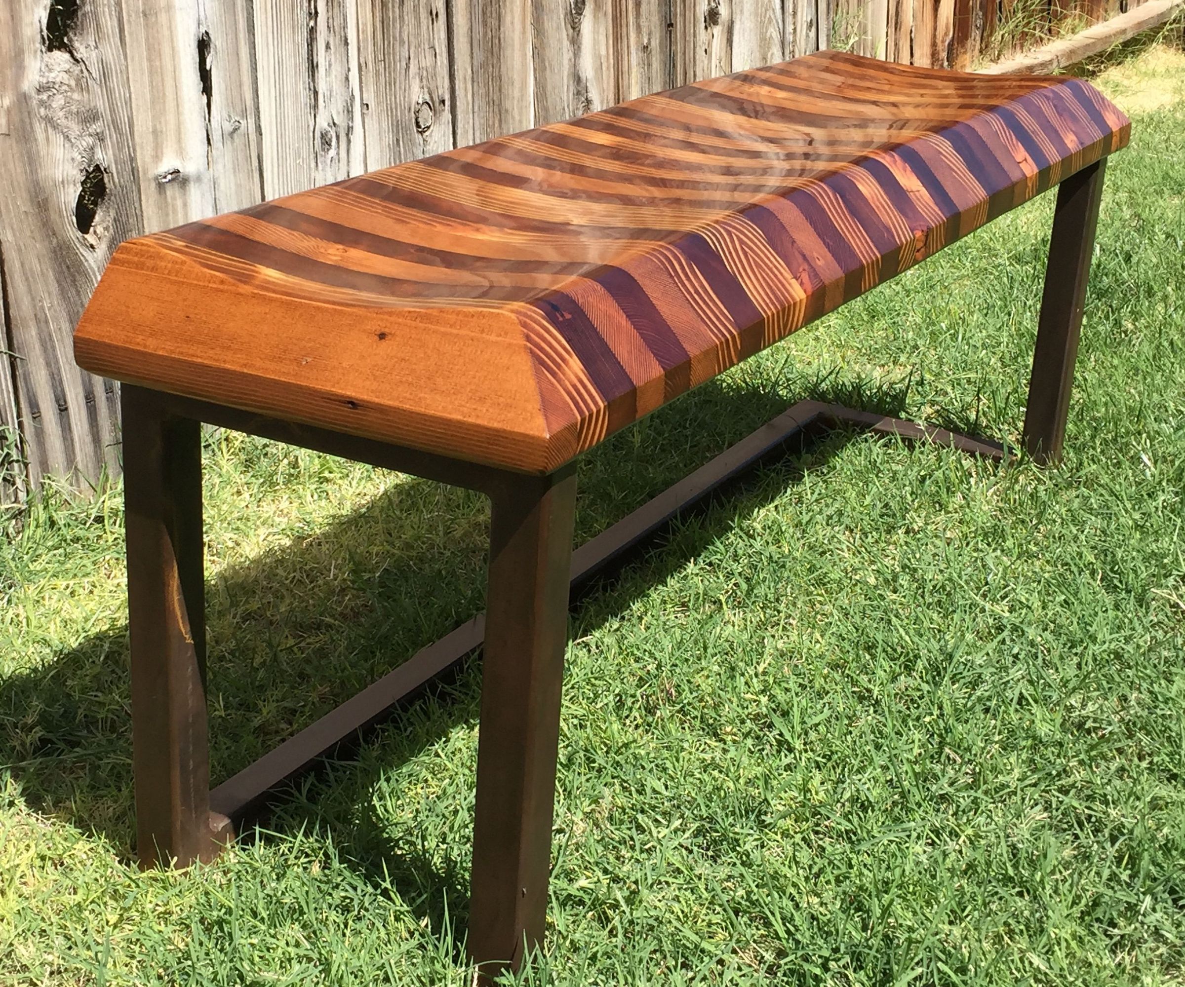 Sculpted Reclaimed Wood Bench With Steel Base
