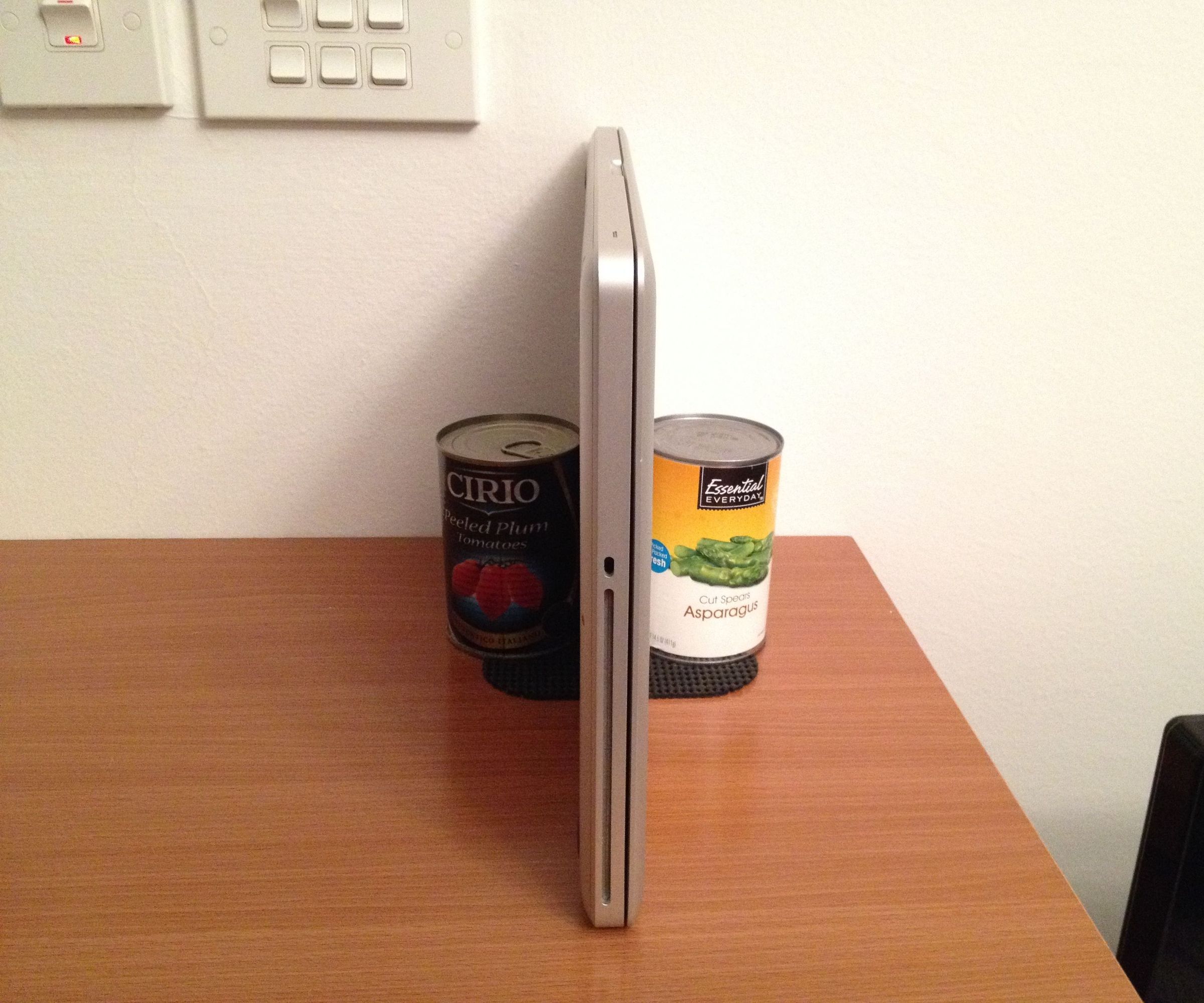 Laptop Vertical Stand Using Two Vintage Tin Cans