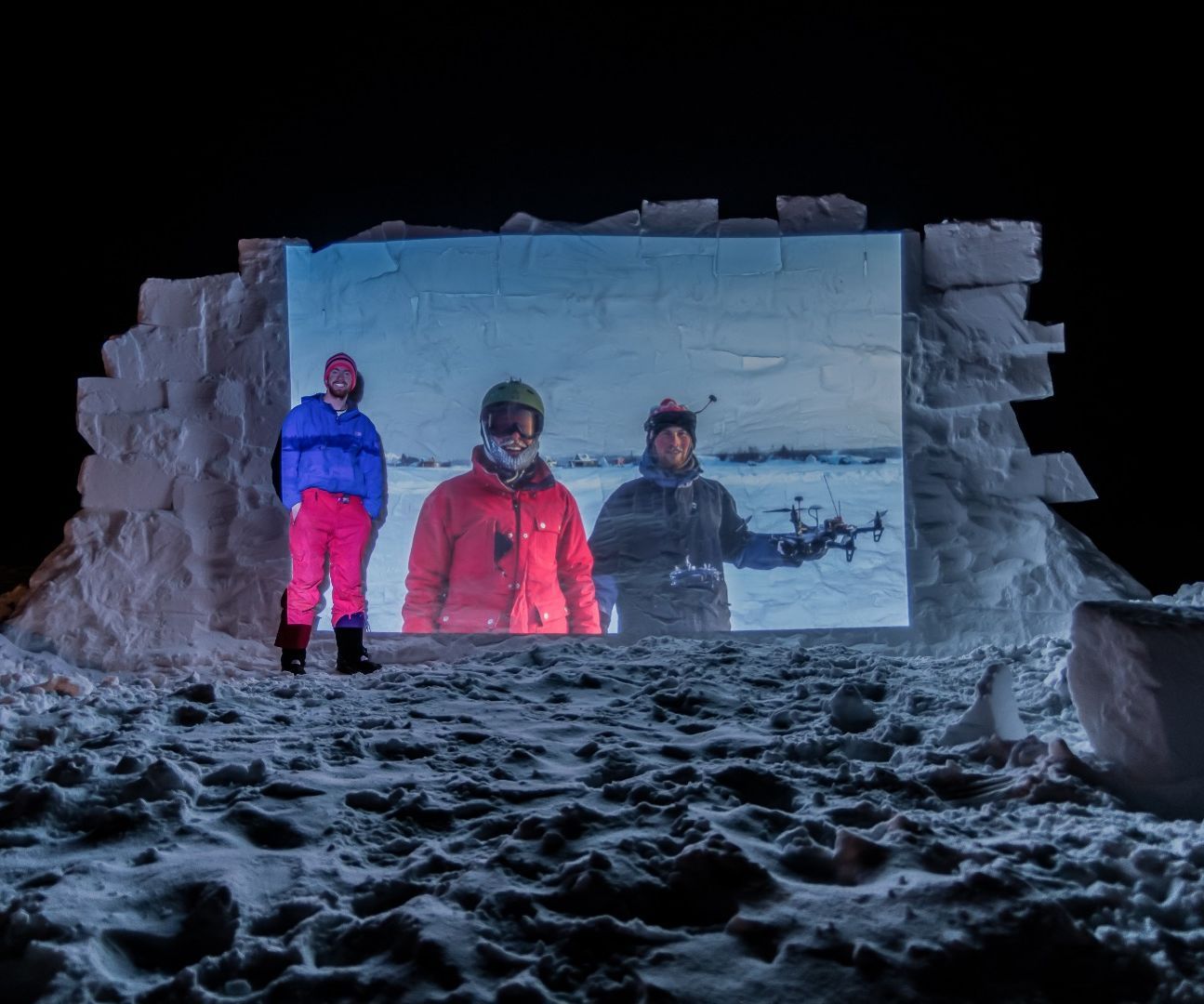 Outdoor Movie Theater with Snow Wall and Projector
