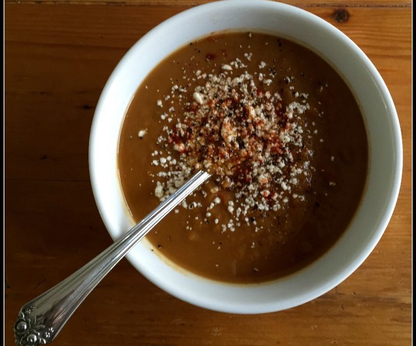 Vegan Slow Cooker Butternut Squash Potage With Chili and Cocoa Powder for Winter