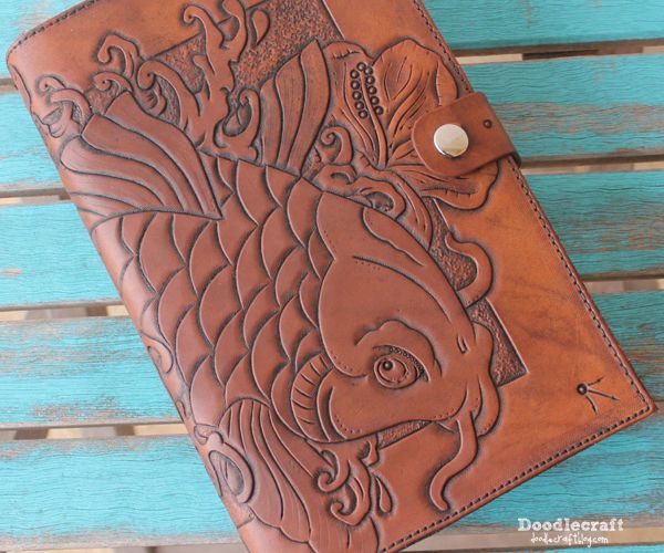 Leather Tooled Book Cover With Koi and Hibiscus!