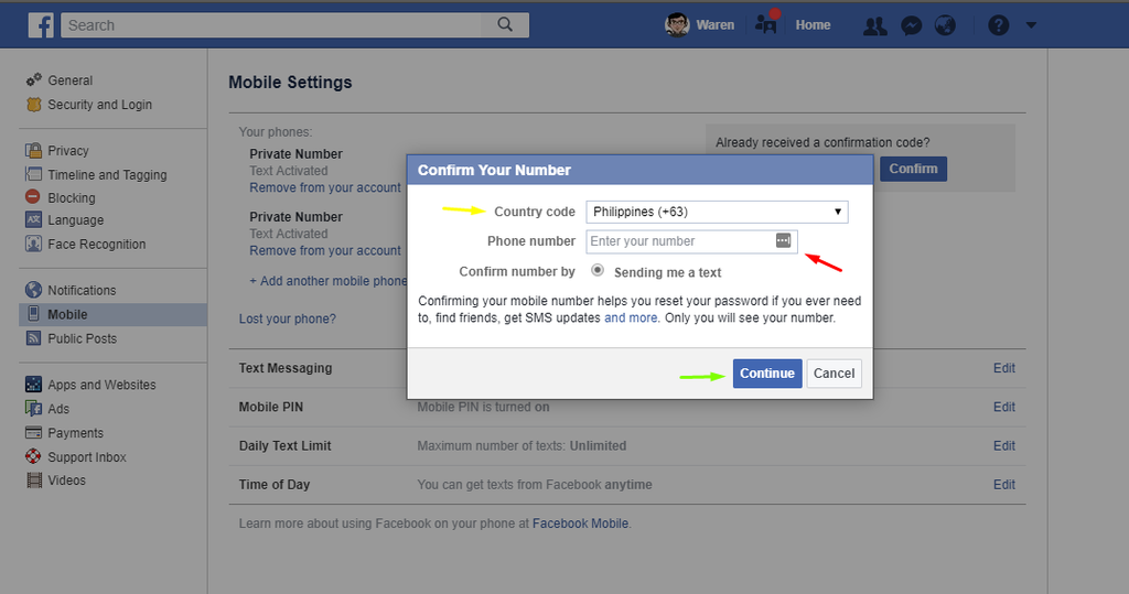 Add Mobile Number to Mobile Settings