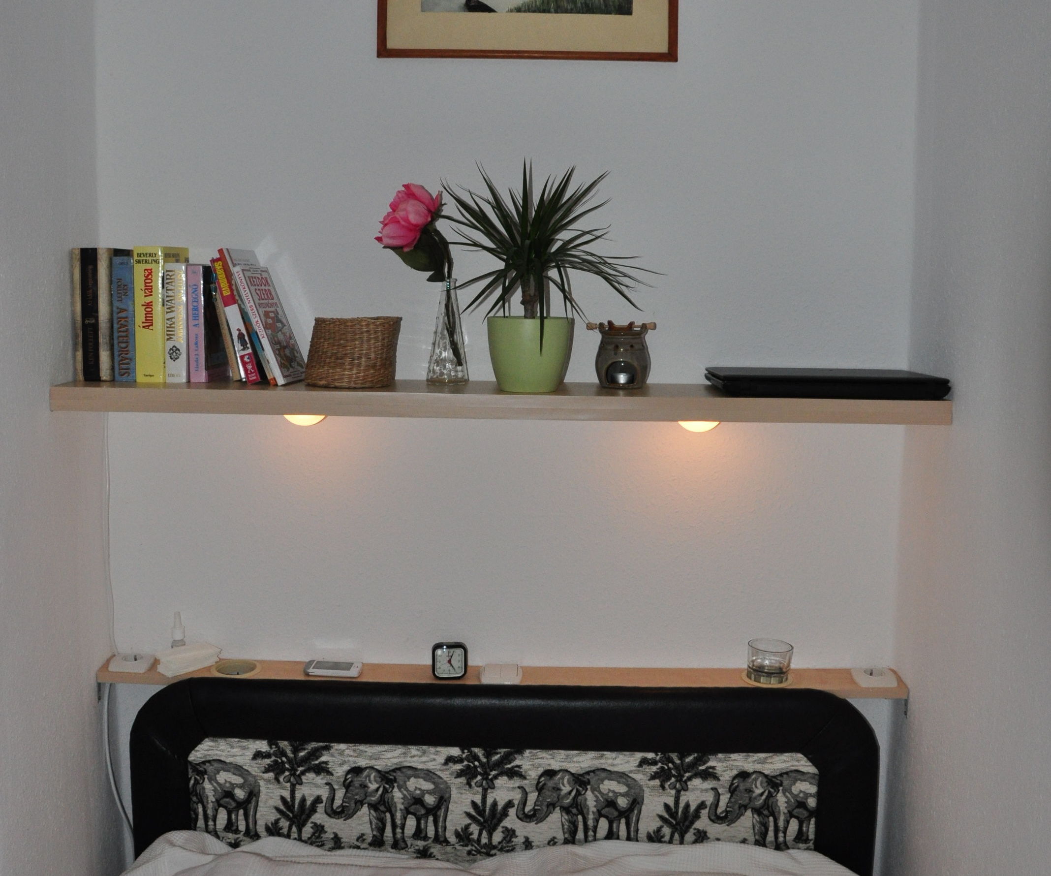 Floating shelf with lights, powesockets and glass holders