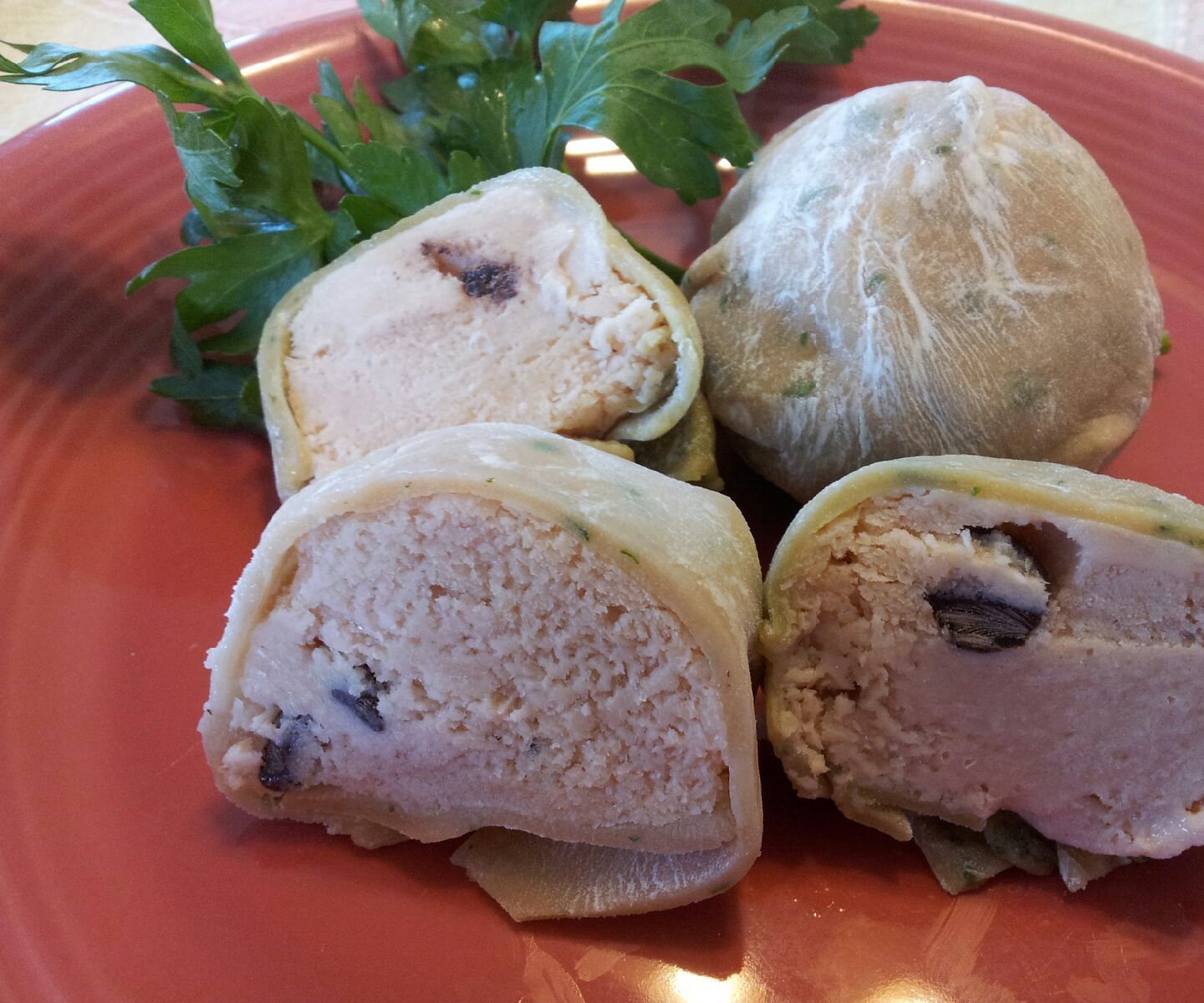 Watermelon Ice Cream with Chocolate Chips in Mochi (Parsley or Chervil)