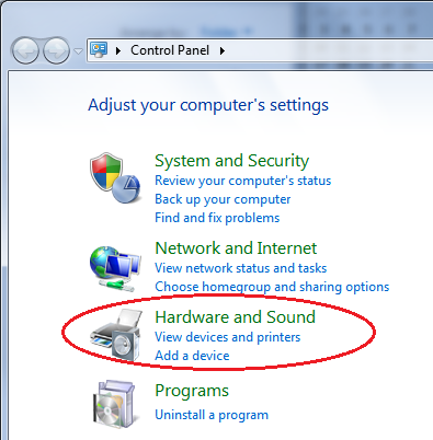 Windows Control Panel - Hardware and Sound
