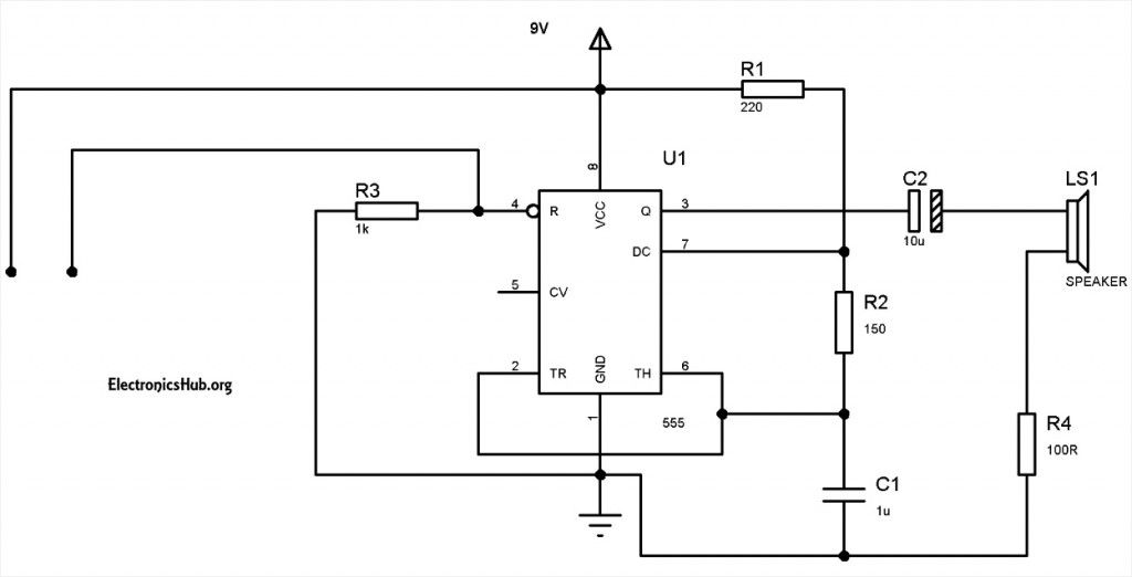 Circuit Diagram of Water Level Alarm Using 555 Timer