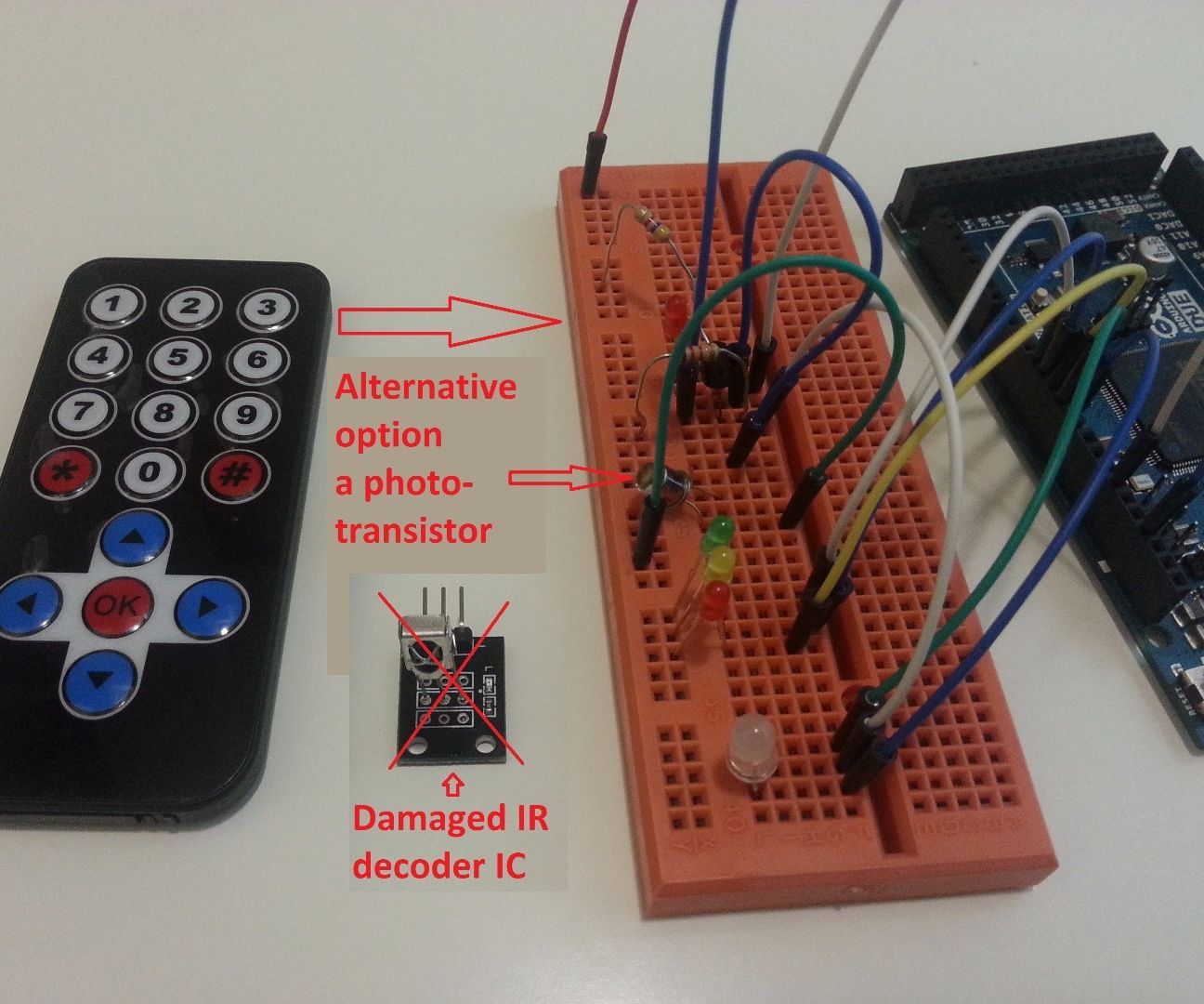 Home Built IR Remote Receiver or Demodulator Using Phototransistor and Arduino Due 