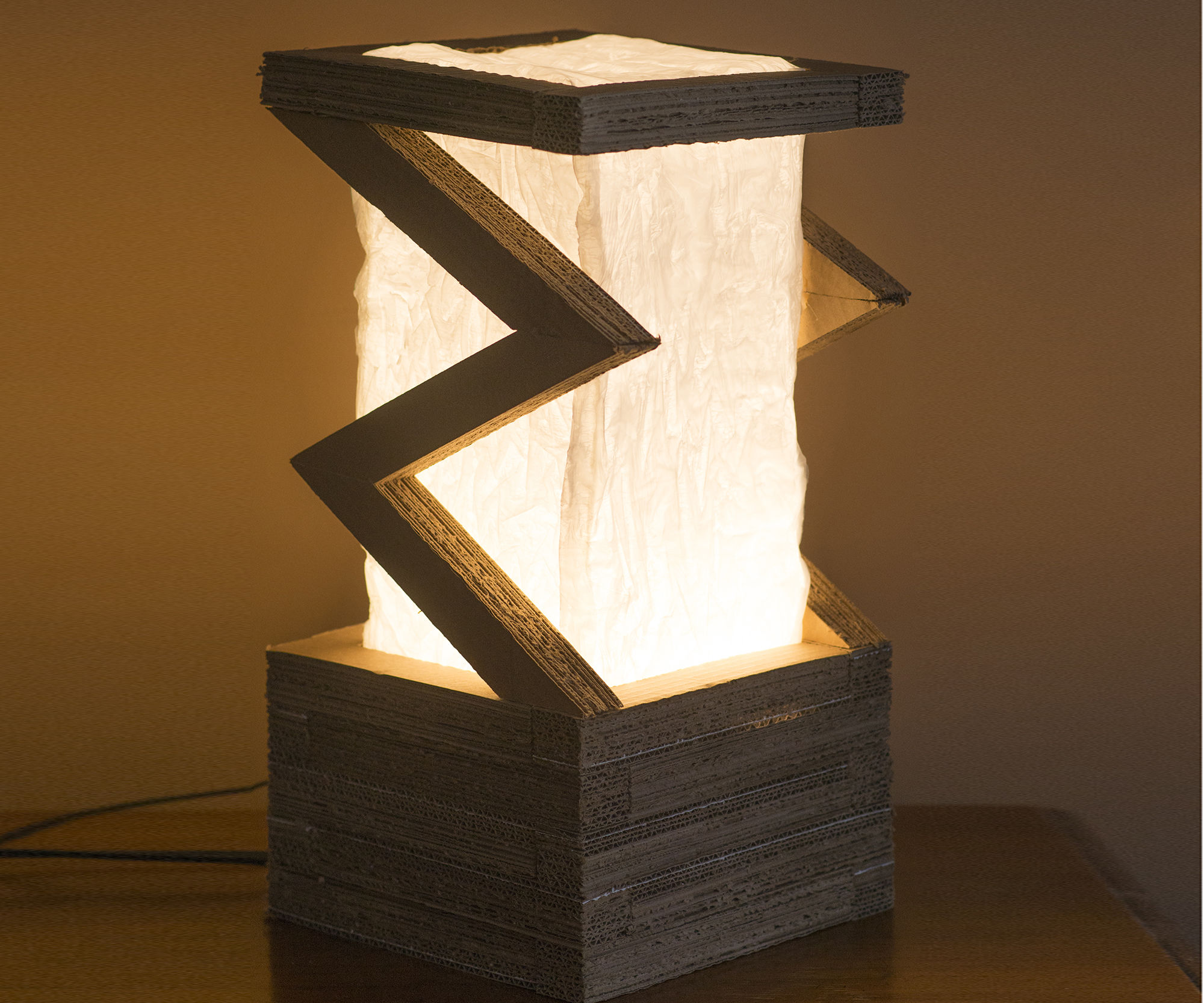 Lamp: Upcycled Corrugated and Plastic Bags