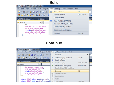 Build (F7 / Build -> Build Solution), Run(continue/ Green Arrow/ F5/ Debug -> Continue).