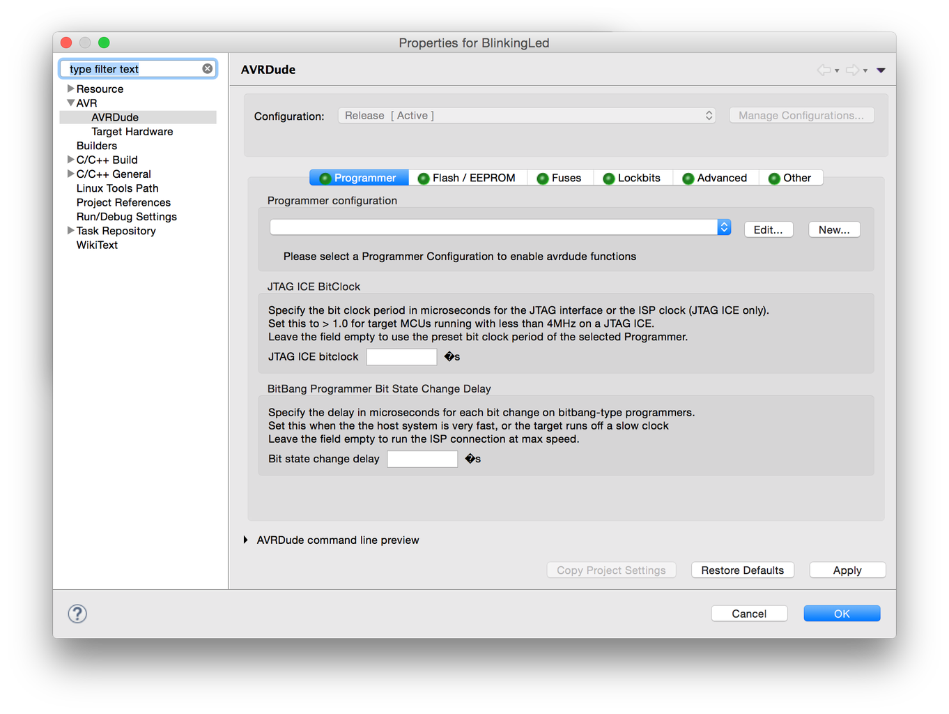 Create Your First C Project (project Type AVR Cross Target Application) and Set the AVR Properties.