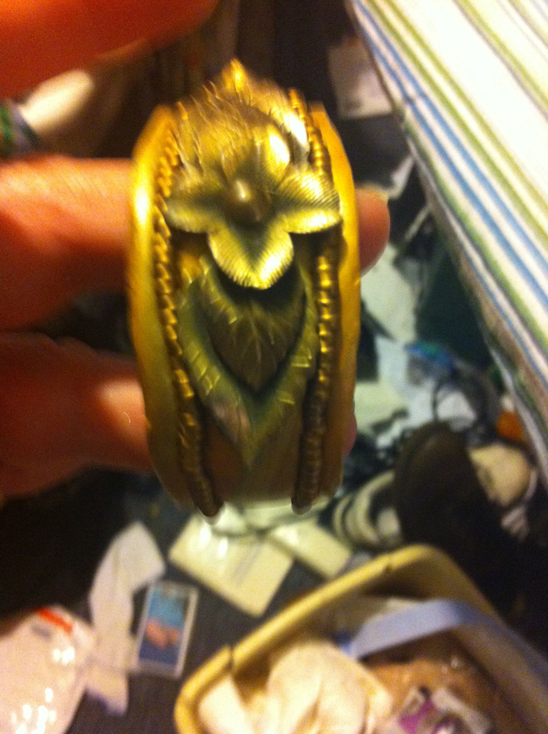 Golden Clay Cuff Bangle Bracelet With Vintage Pin Focal
