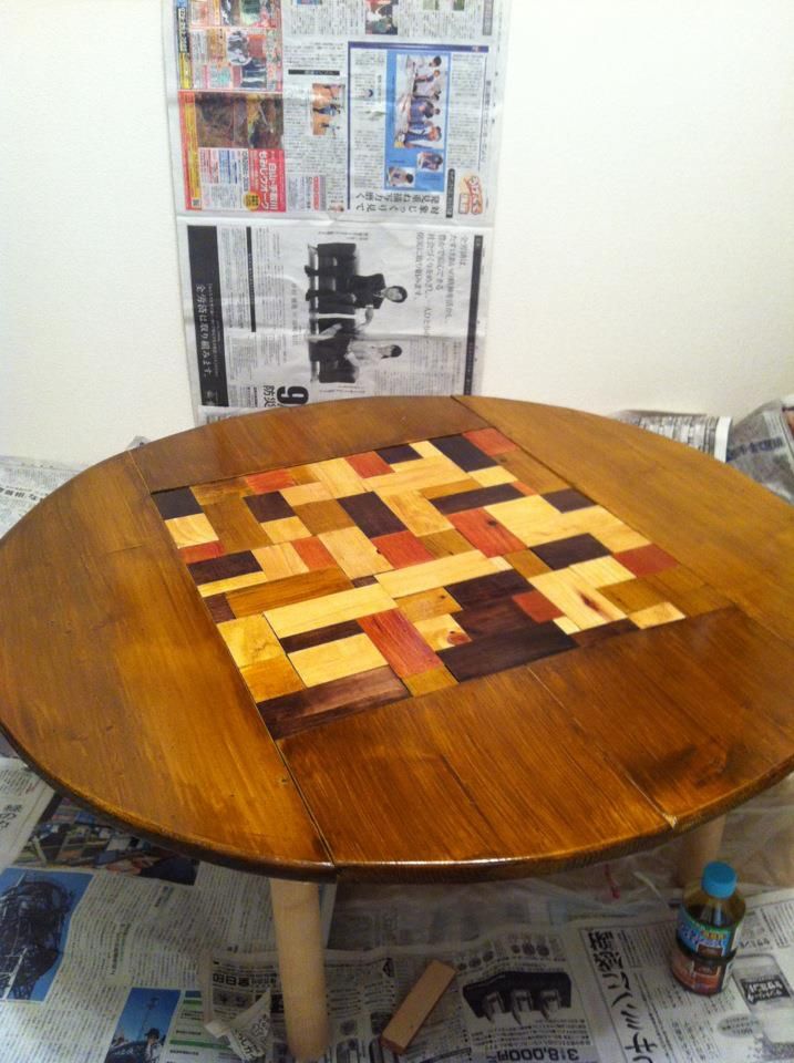 Round Wood Table with Check Pattern