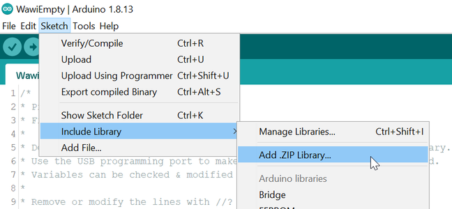 Add the WawiLib Libraries to the Arduino IDE.