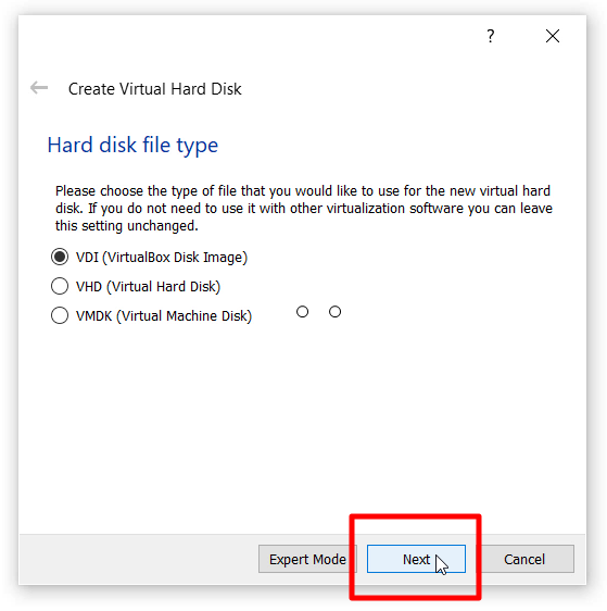9. Terima VDI (VirtualBox Disk Image) Sebagai Jenis File Hard Drive.