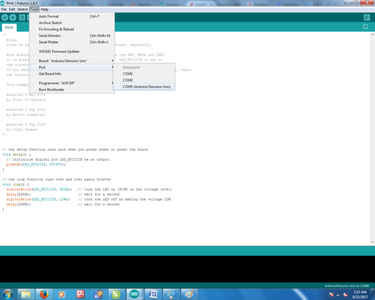 Select the Serial/COM Port That Your Arduino Is Attached To: Tools > Port > COMxx: