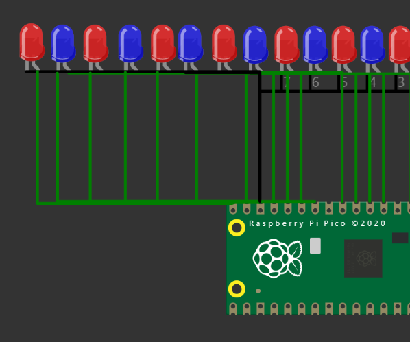 10 LED Patterns on Raspberry Pi Pico Simulator