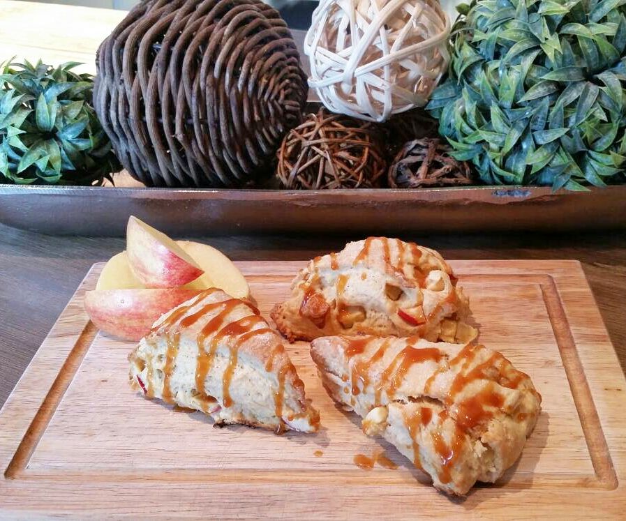 Apple & White Chocolate Scones With Salted Caramel Drizzle