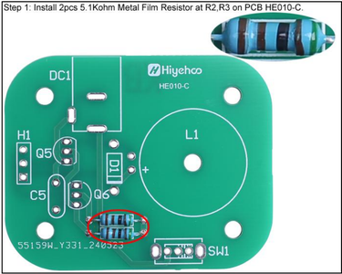 Install 2pcs 5.1Kohm Metal Film Resistor at R2,R3 on PCB HE010-C.