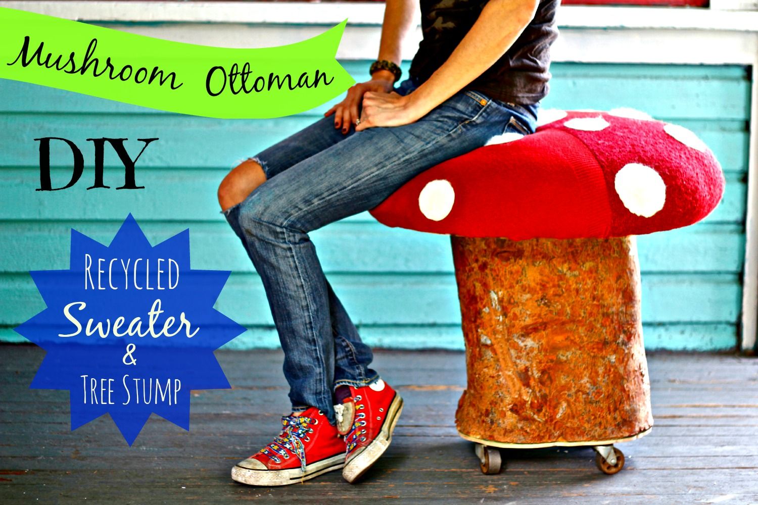 Make This Mushroom Ottoman From a Tree Stump and Thrift Store Sweaters