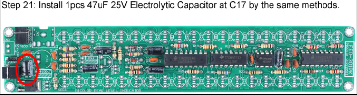 Install 1pcs 47uF 25V Electrolytic Capacitor at C17
