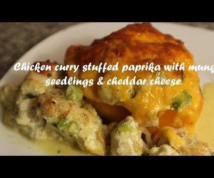 Chicken Curry Stuffed Paprika With Mungo Seedlings & Cheddar Cheese Recipe