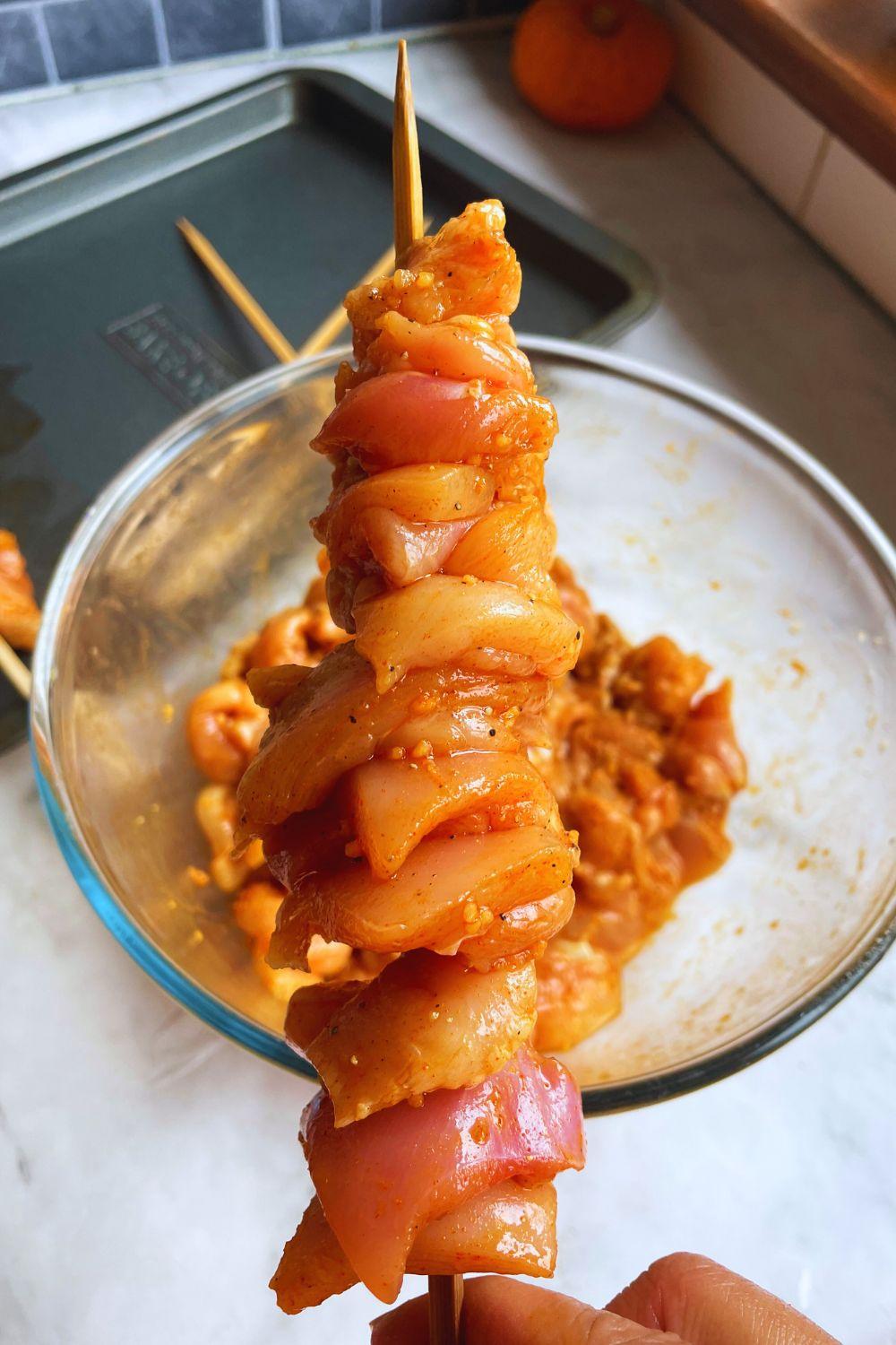 Put Chicken Pieces in Skewers