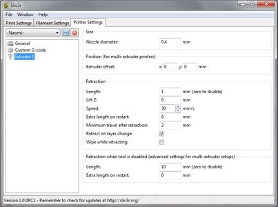 Slic3r (Printer Settings) - "Extruder 1"