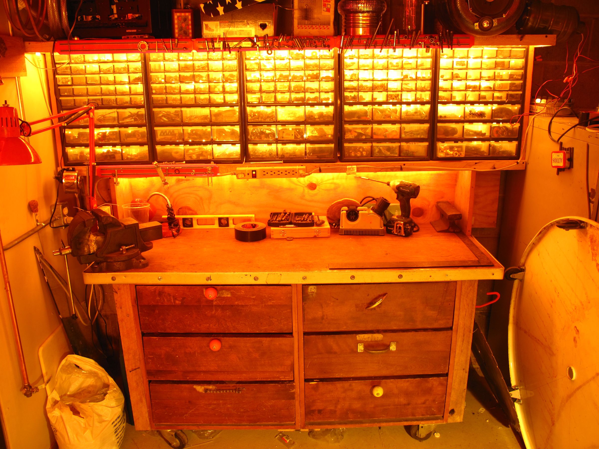 Light up fastener bins and work bench.