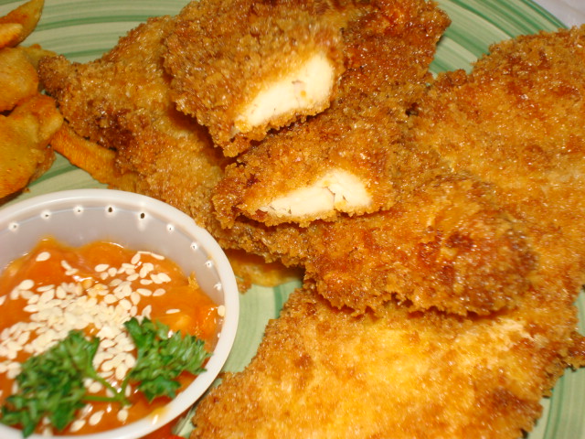 Crispy Moist Chicken Fingers With Breaded Fries and Sauce