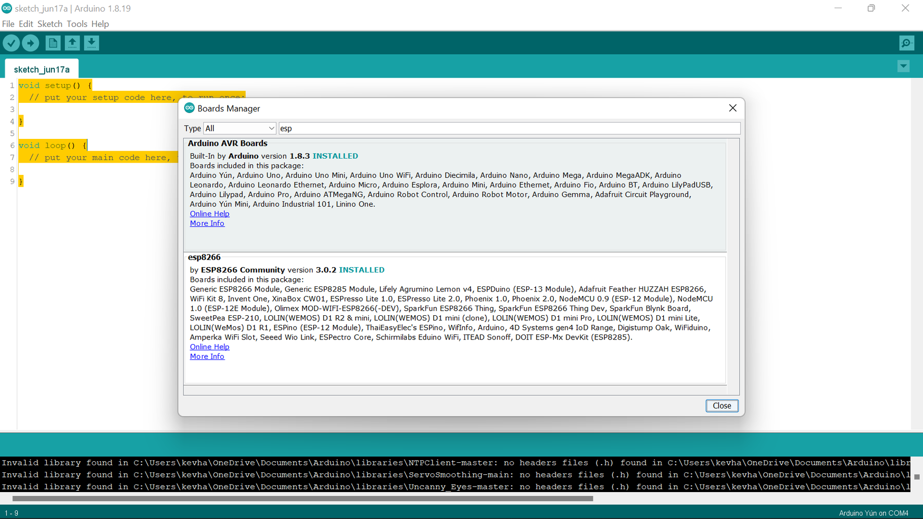 Adding the Esp Boards in Board Manager.