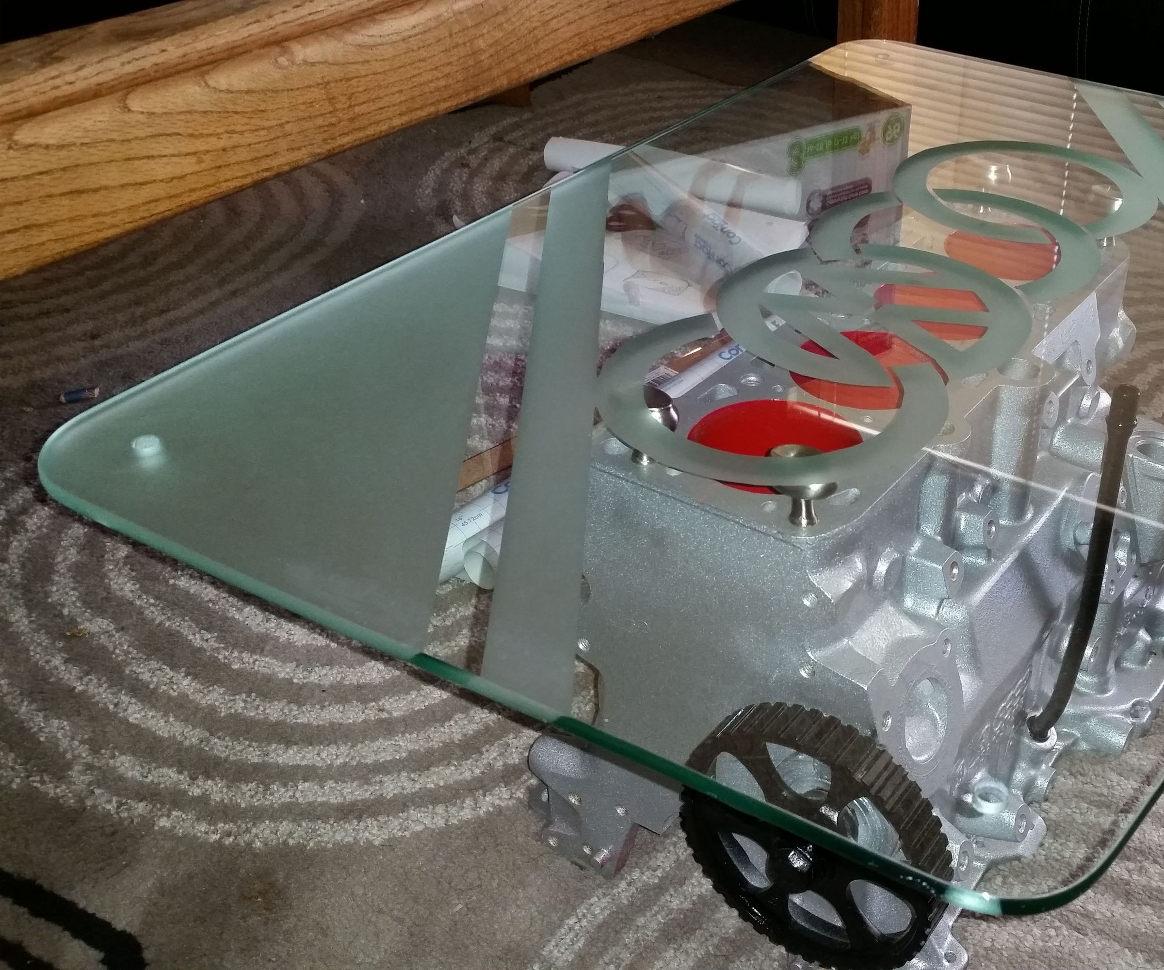 VW Engine Table With Lights and Etched Glass