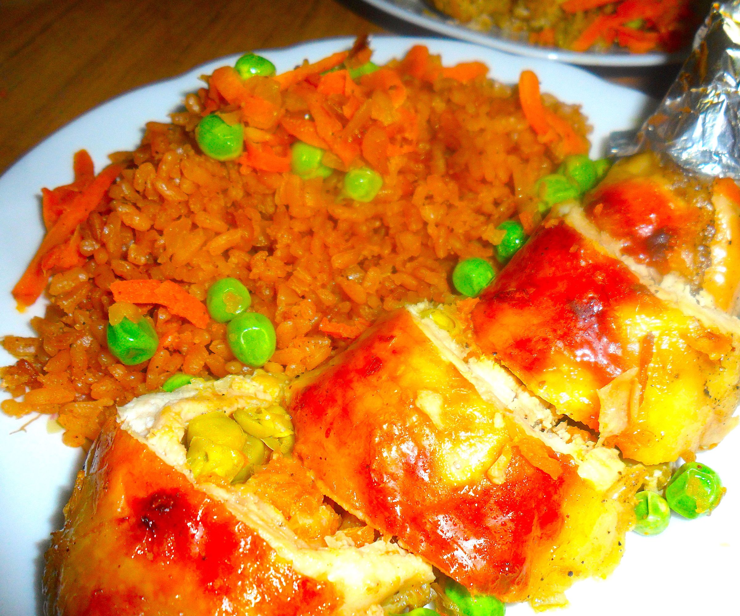 Rolled Chickens With Roasted Rice 