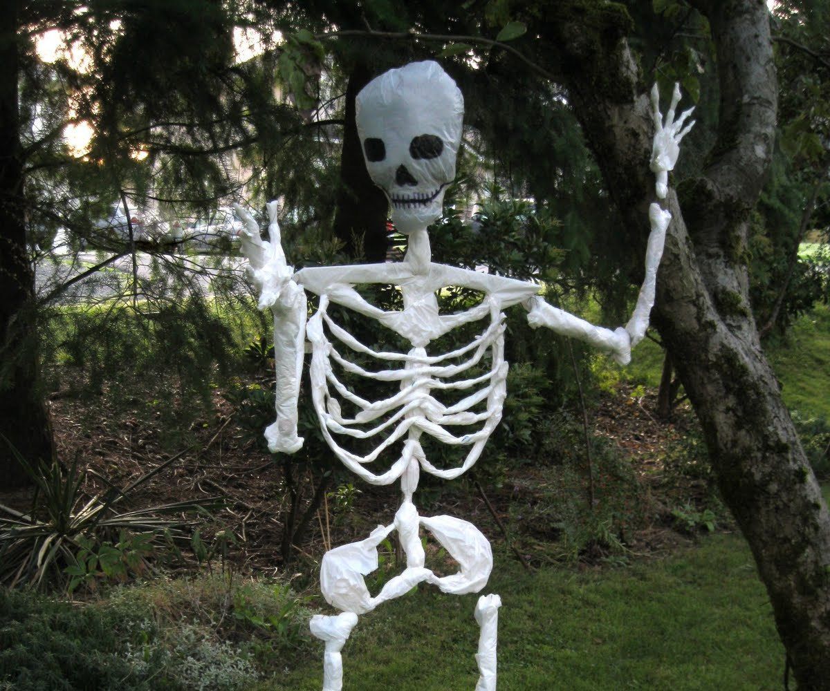 Halloween Skeleton Made of Plastic Shopping Bags.