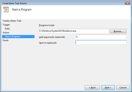 Set the Action and the Start a Program Screen