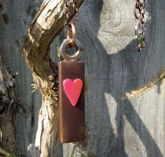 Glass Tile Pendant - Brown With Pink Heart