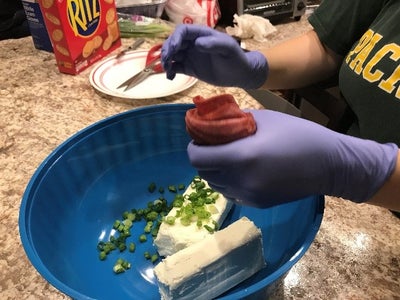 Place Both of the Beef Slices on Top of Each Other and Bunch Them Together 