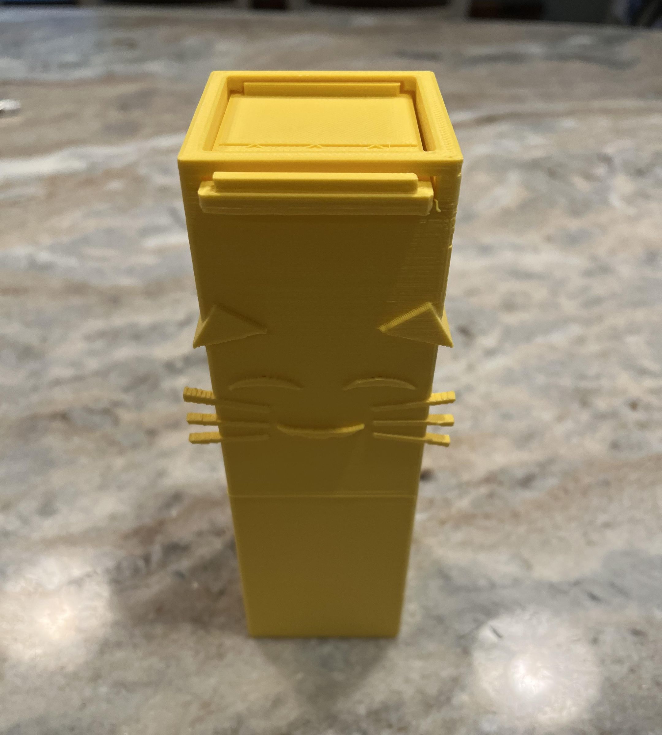 Yellow 3D Printed Cat Container With Moving Lid!