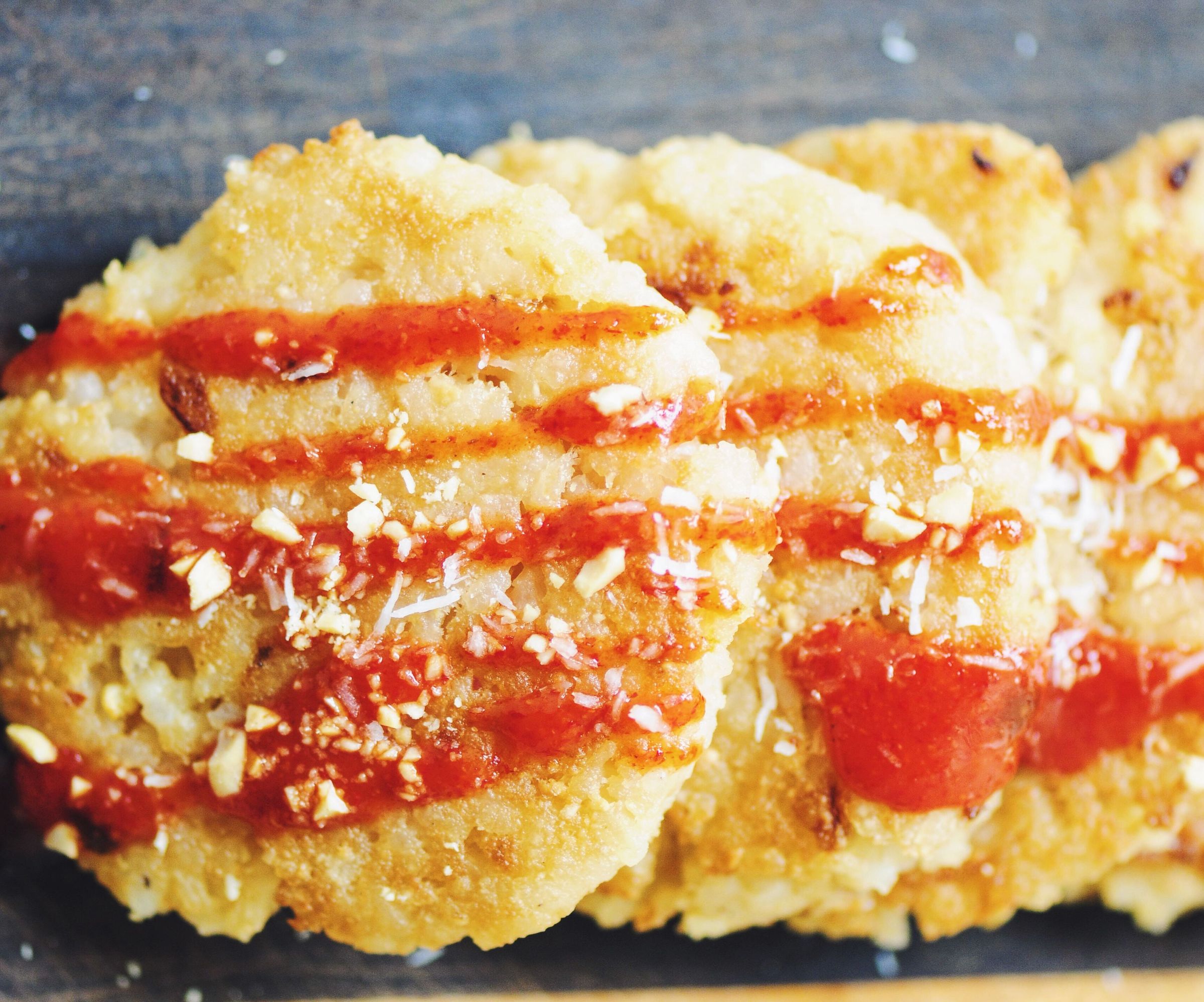 Sweet + Spicy Coconut & Peanut Sauce Fried Rice Patties (Gluten Free, Vegan)