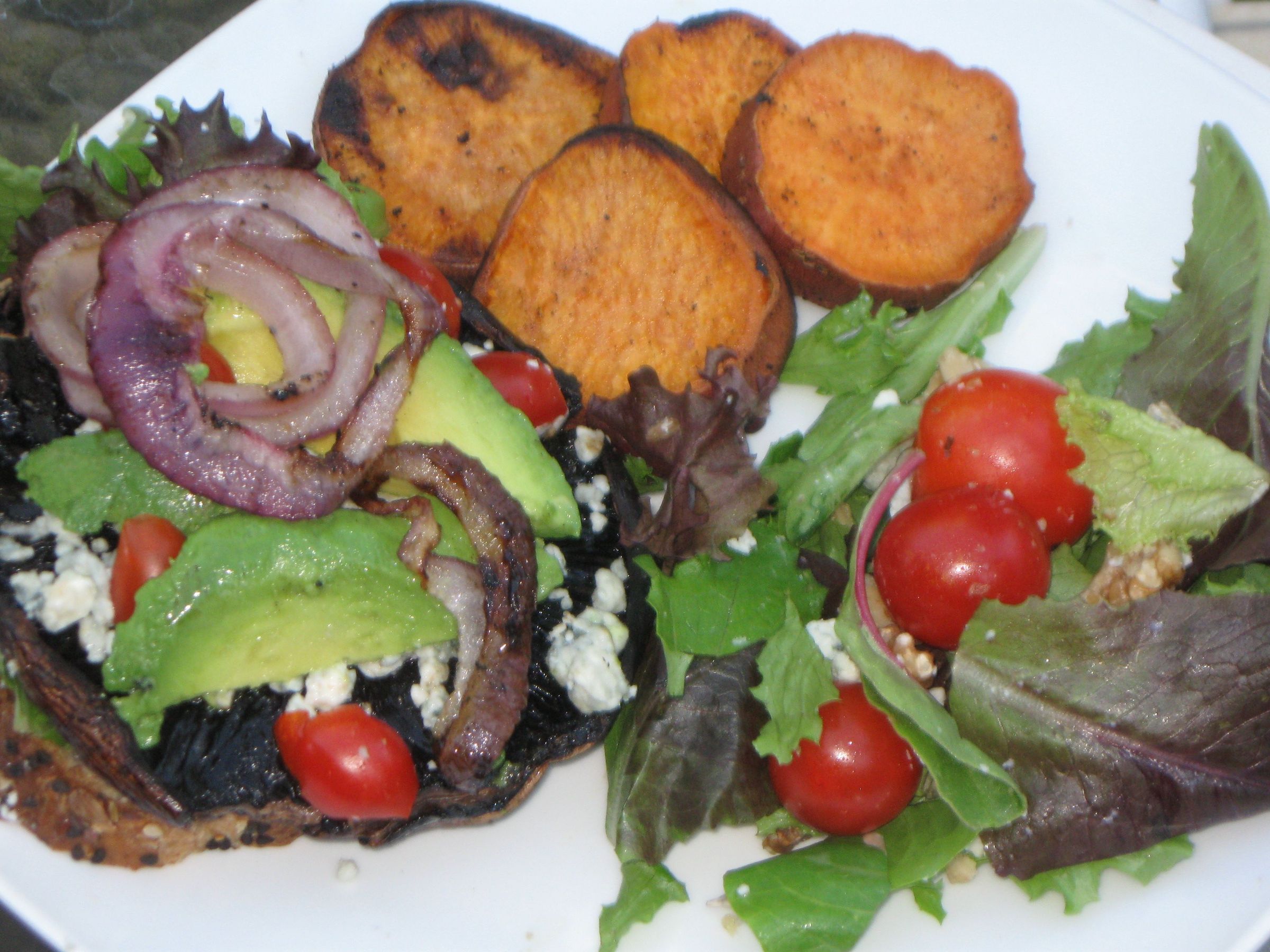 Vegetarian BBQ: Portobello Burger with Grilled Onions, Eggplant and Sweet Potato Fries