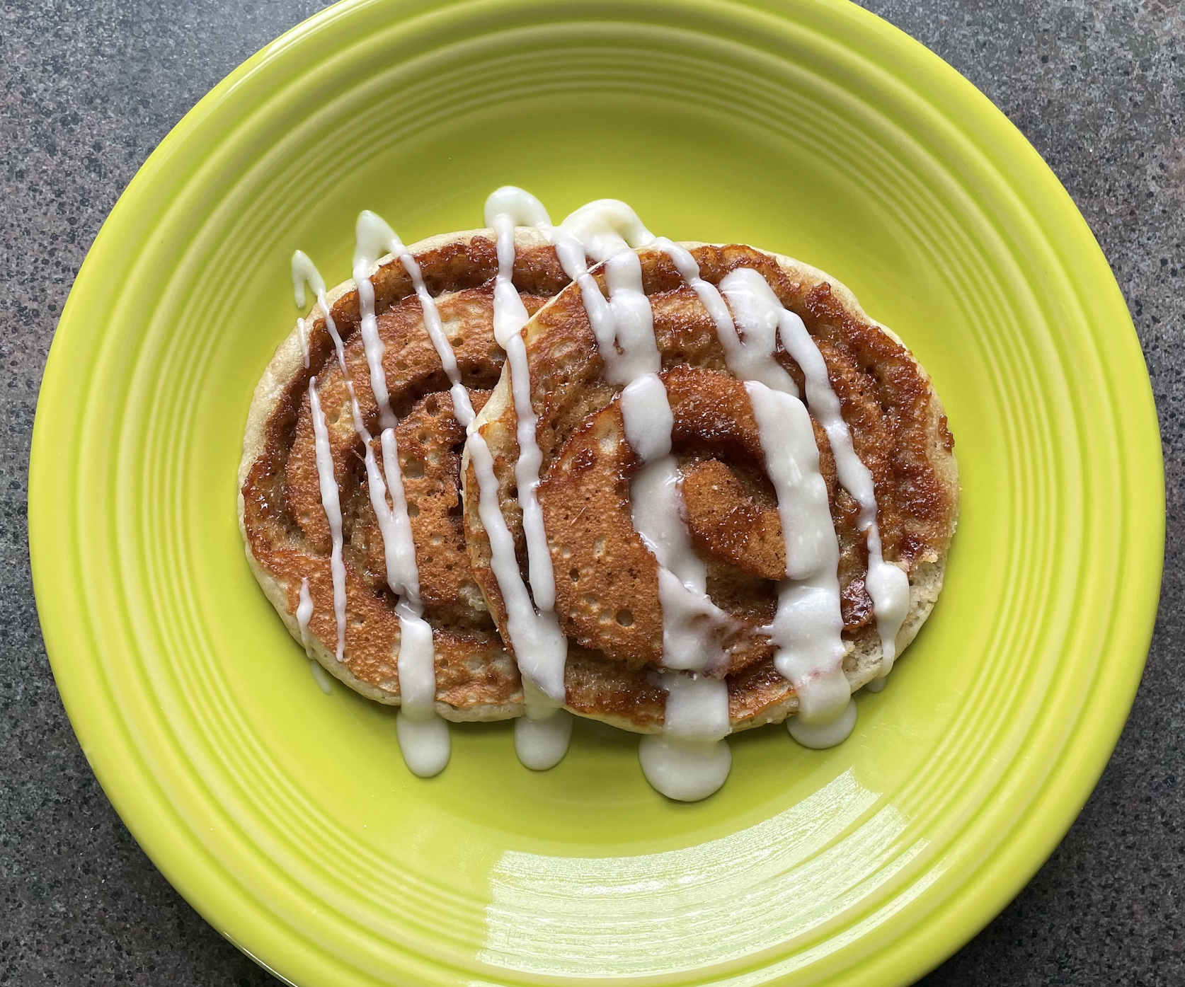 Apple Butter Cinnamon Roll Pancakes With Apple Cream Cheese Drizzle (Egg Free)