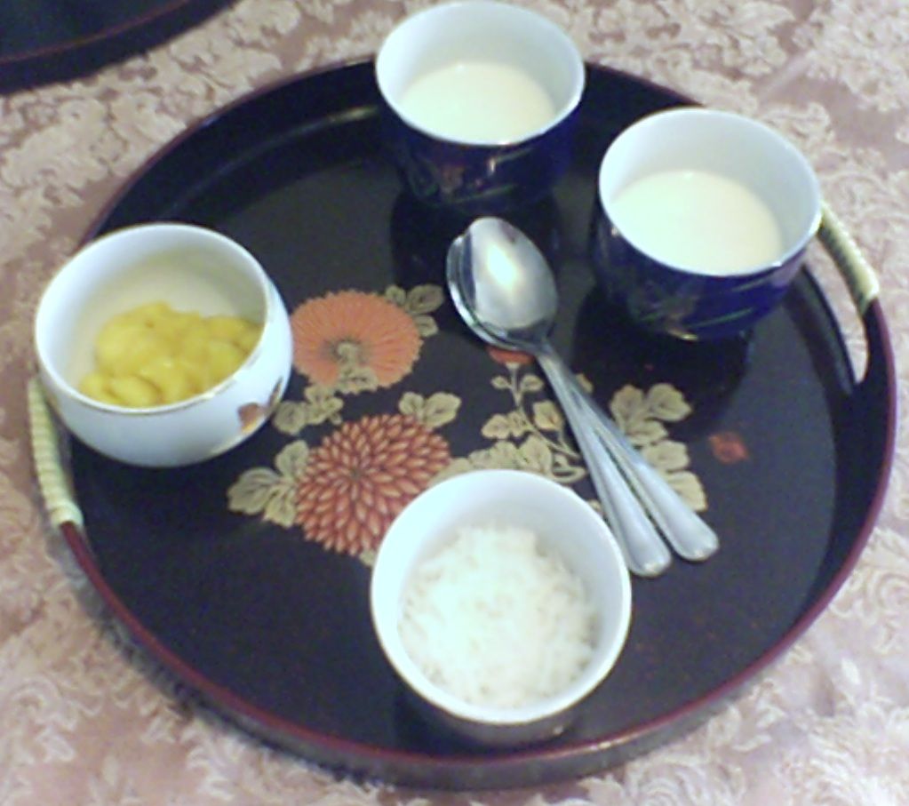 Ginger Milk Pudding With Coconut and Mango Garnish