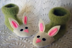 Fuzzy Bunny Slippers From Recycled Sweaters and Felt Details