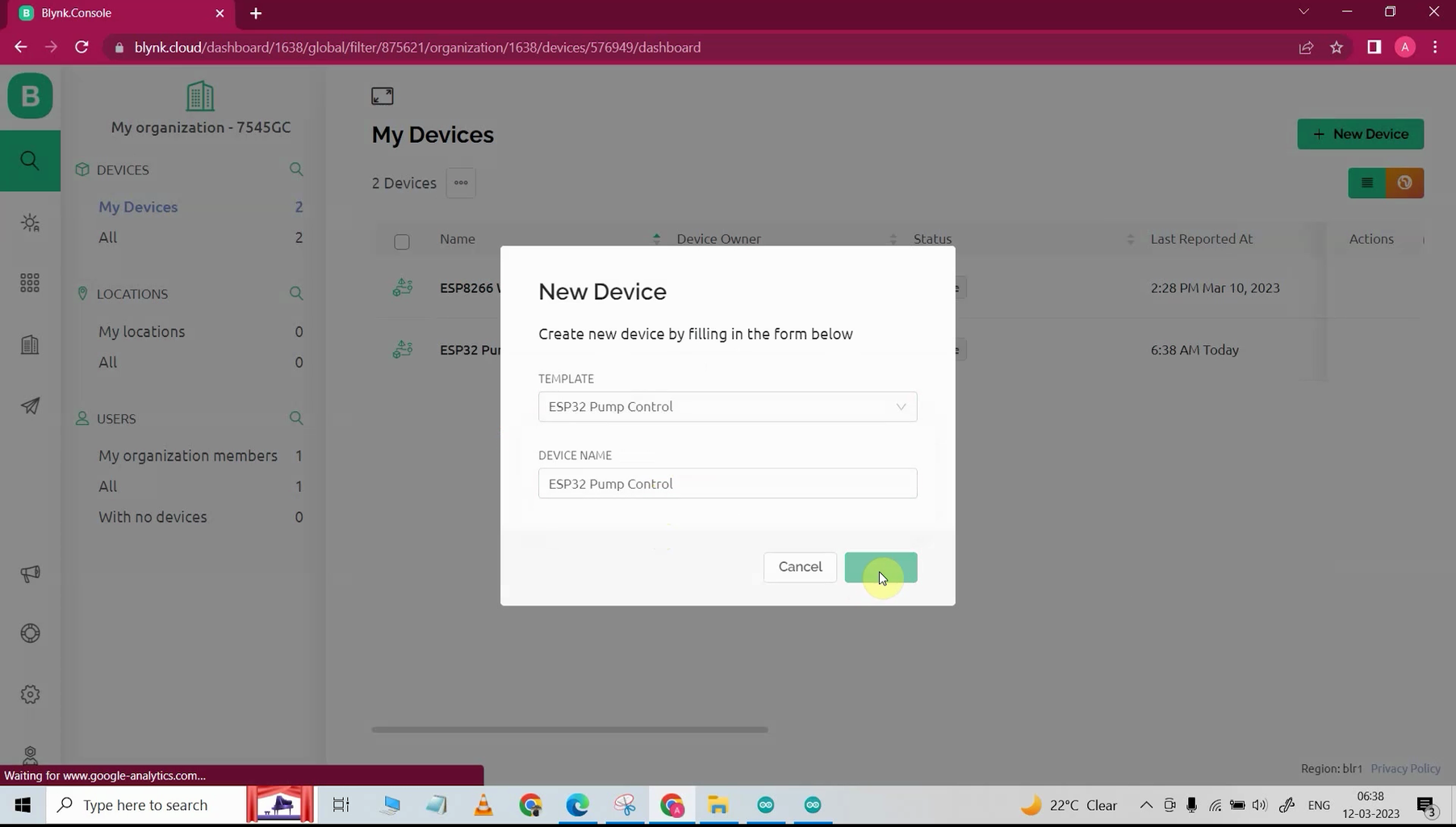 Add Device Using Template in Blynk IoT