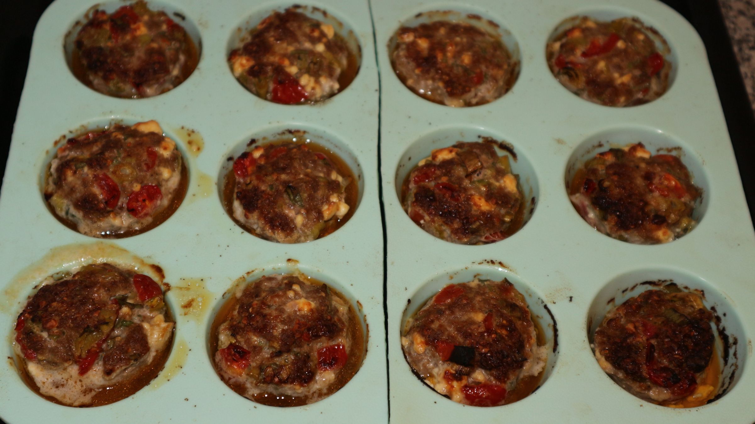 Ground Beef Muffins With Feta Cheese, Cherry Tomatoes, Pepperonis