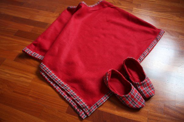 Red Poncho and Slippers for Comfy Winter Around the House.